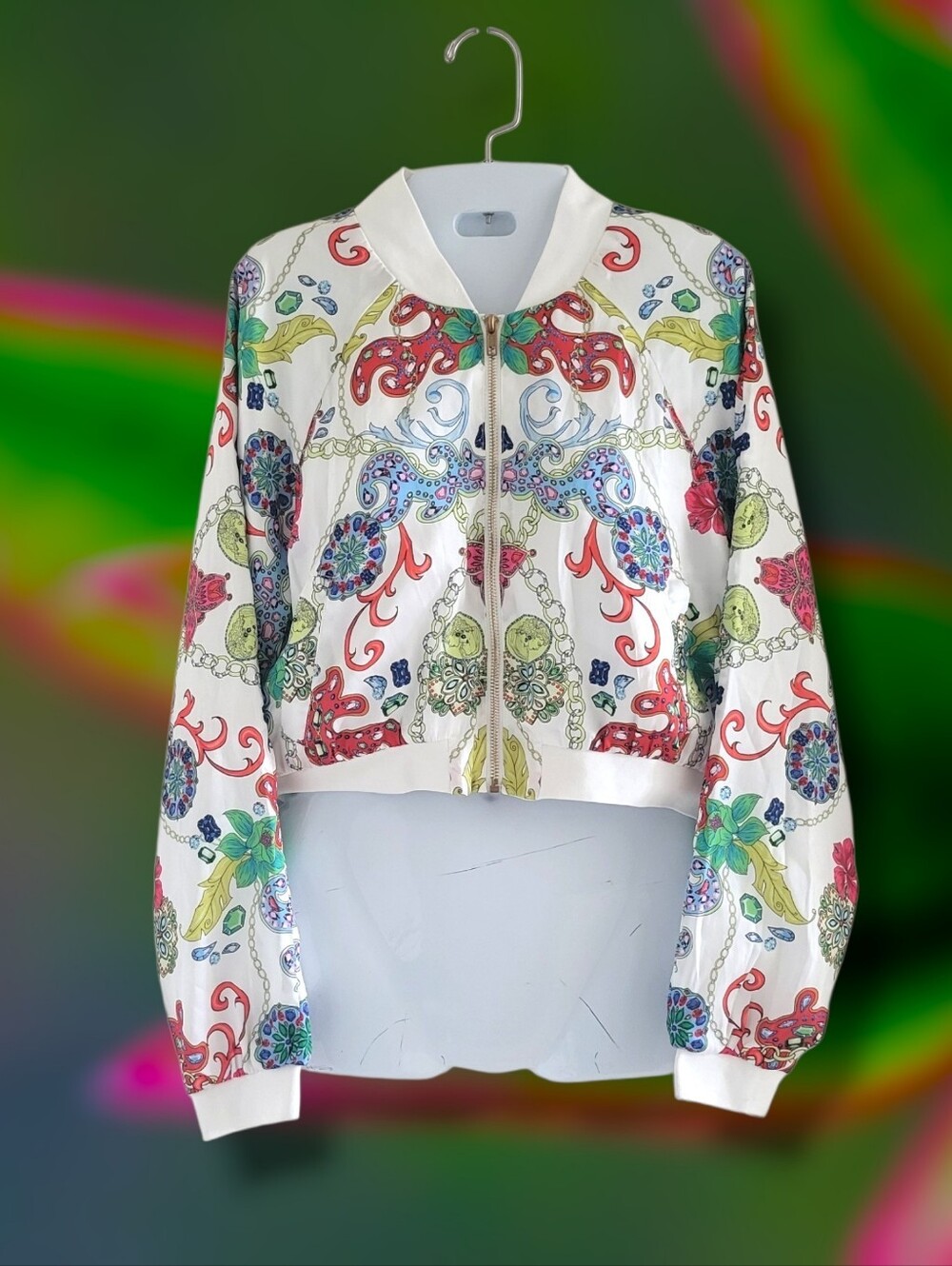 WOW couture | EUC White/Multicolor Cropped Baroque Bomber Jacket (SIZE M)